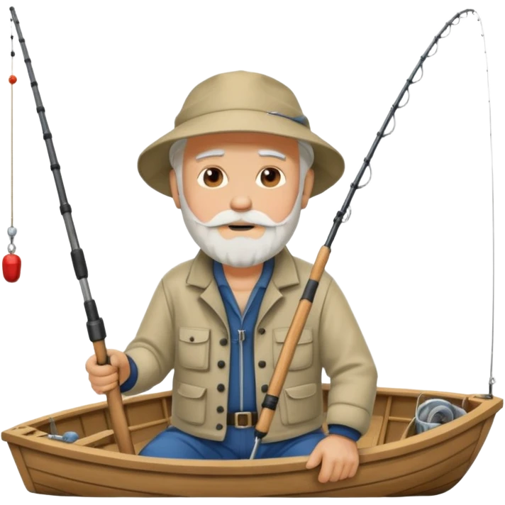 an old white haired, bearded man in fisherman attire, sat in a boat at sea, holding a fishing rod, with the end of the fishing line in the water emoji