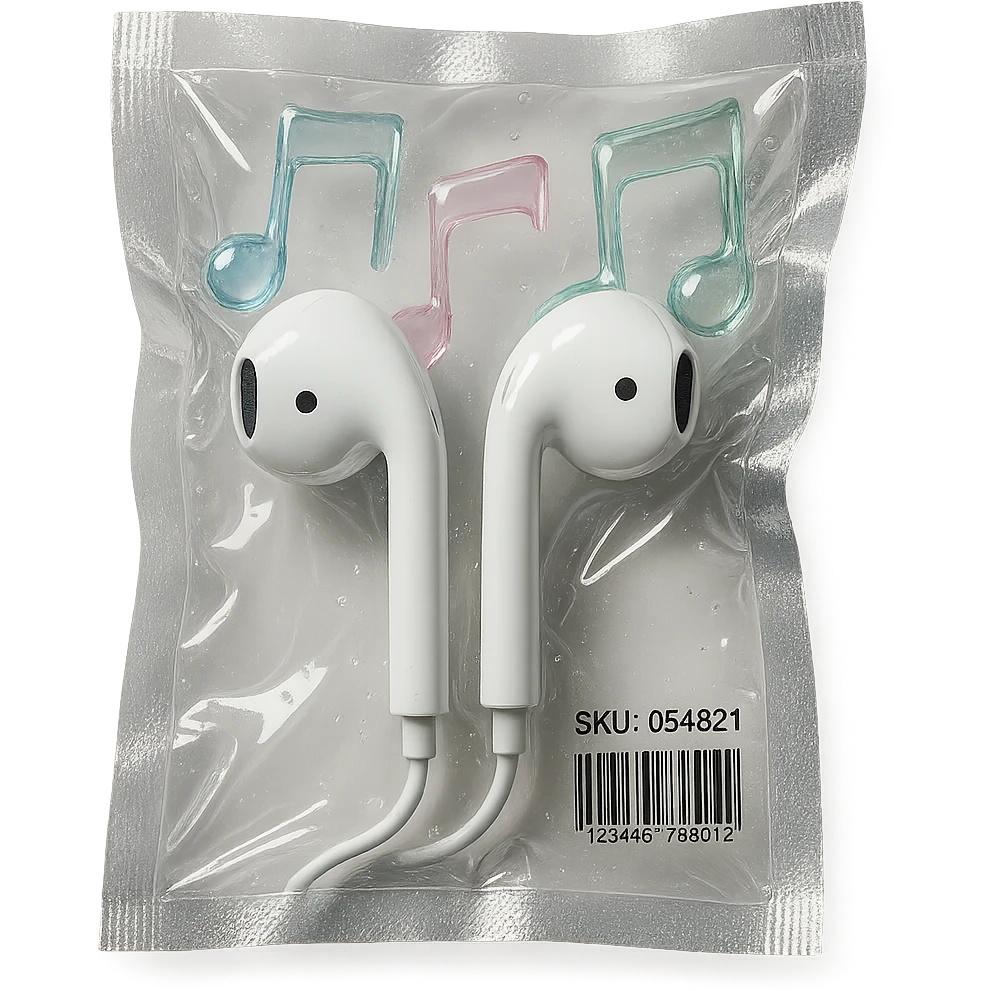 pair of white EarPods with three floating glass music notes in pastel blue, pink, and mint, glossy and inflated emoji