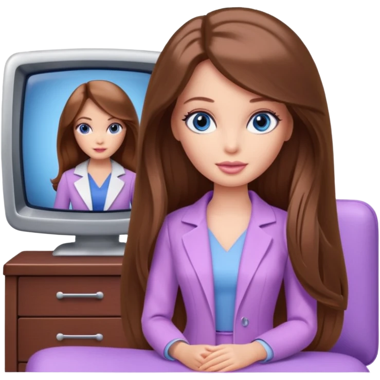 beautiful barbie girl with long brown hair, blue eyes and wearing light purple clothes watching tv show doctor who emoji