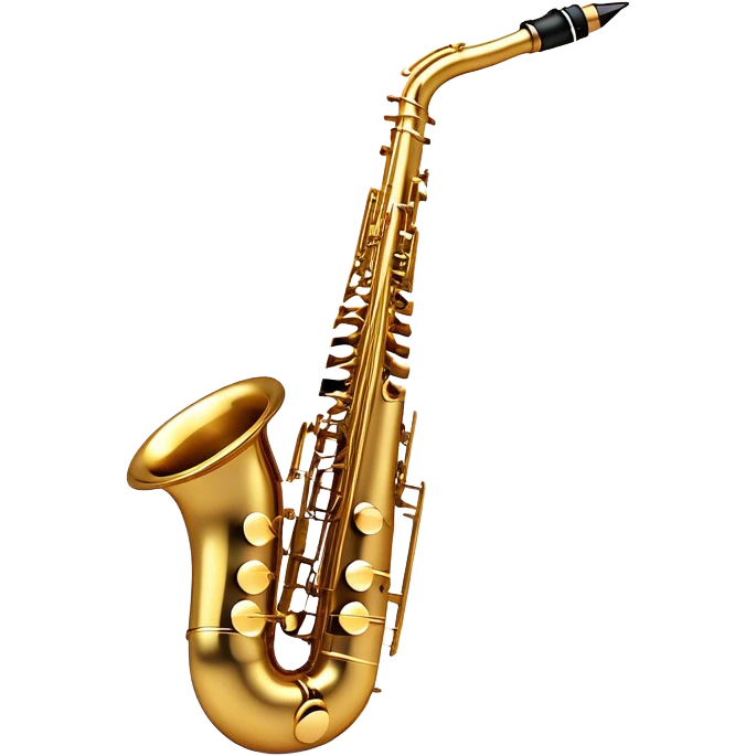Create a sleek and sophisticated emoji representing a saxophone. The design should feature the shiny, golden body of the saxophone, with its smooth curves and metal keys clearly visible. Include subtle details like the mouthpiece with the reed and the bell at the end of the instrument. The keys should be delicately arranged, capturing the intricacy of the instrument. Use warm golden tones for the saxophone and add small musical notes floating around to evoke the smooth, soulful sound of the saxophone. The background should be transparent. emoji