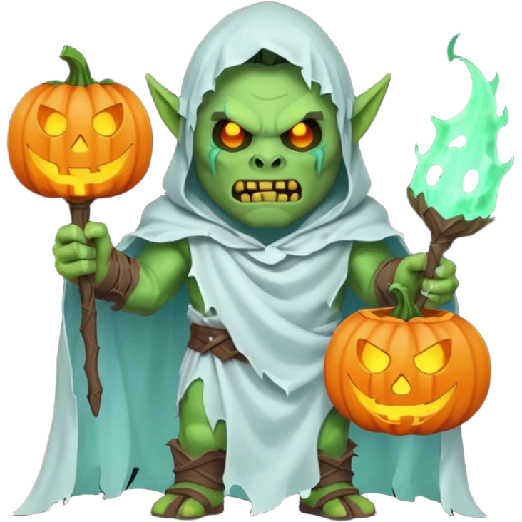 male orc warrior ghost emoji, green skin, tusks, wearing torn white ghost sheet costume, holding glowing jack-o'-lantern, faint blue aura, friendly but spooky expression, Halloween fantasy theme, Apple emoji style, clean white background, square emoji