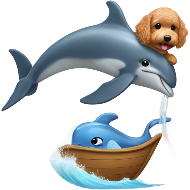 Mini golden doodle riding a dolphin  emoji