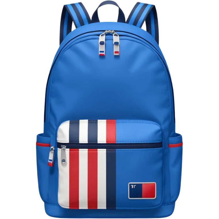 simple blue backpack, at the bottom pocket there is a  one tommyjeans logo featuring a Tommy Jeans-inspired logo. The logo looks like a vertically-flag in red, white. The flag stripes are vertical, not horizontal. Flat

 emoji
