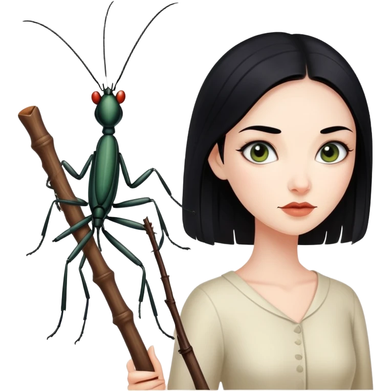 beautiful pale woman with black hair next to stick bug emoji