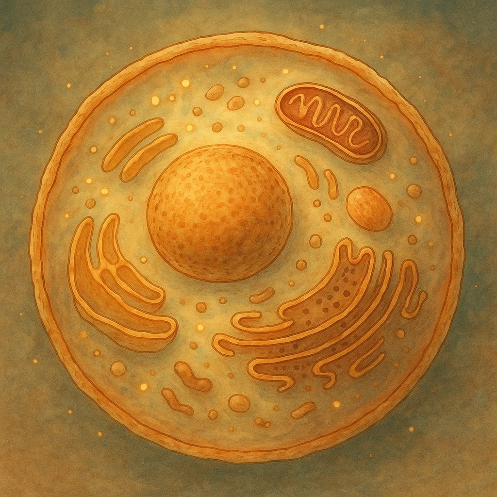 a human cell, realistic, with soft shading and depth, ghibli-inspired style, warm tones, intricate details emoji