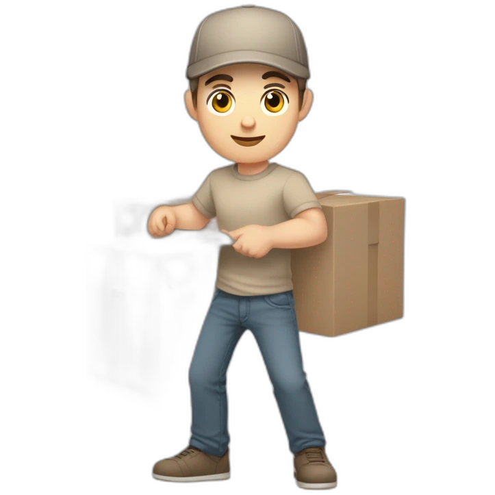 Pale skinned fit Man with dark brown hair in a beige cap, gray jeans and brown polo T-shirt keeping a pasted with tape white box into his hands emoji