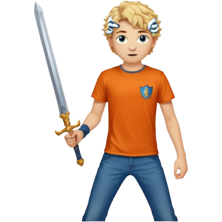 20 year old boy with curly blond hair and blue eyes with freckles wearing an orange no blue “Camp Halfblood” tshirt with the official percy jackson camp halfblood logo on it and blue jeans have him swinging a gold sword  emoji