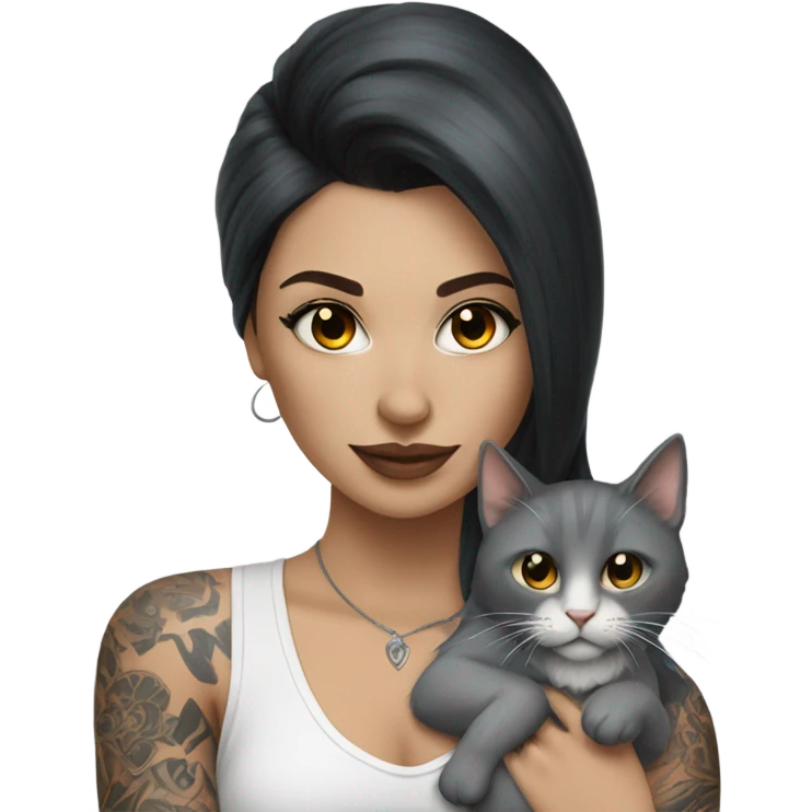 Beautiful dark haired tattooed woman holding gray and white long hair cat emoji
