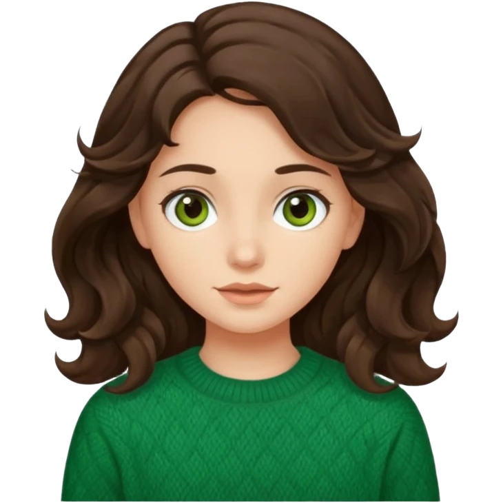 Una chica güera con pelo ondulado, café oscuro, largo, ojos cafés oscuros y con suéter o camisa verde emoji