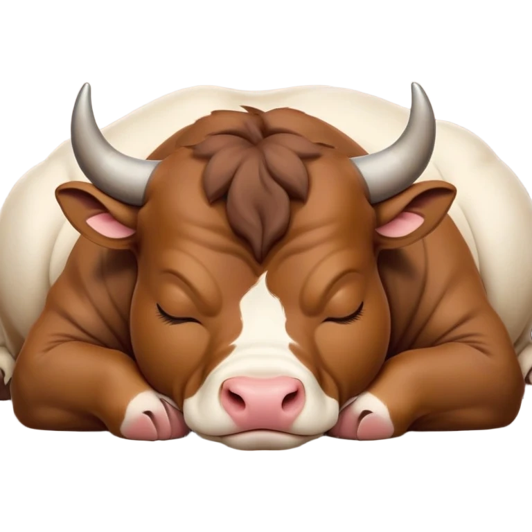 meme-worthy-cute-sleeping-domestic-bull-portrait-emoji,-head-resting-peacefully-with-a-contented-smile,-showcasing-a-robust,-muscular-build-and-a-luxuriously-soft-coat,-eyes-gently-closed-in-serene,-restful-slumber,-simplified,-solid-brown emoji