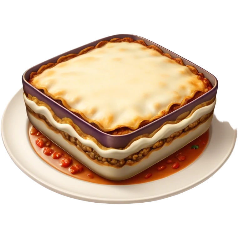 Cinematic Realistic Moussaka Dish Emoji, depicted with layers of eggplant, minced meat, and b√©chamel sauce rendered with rich textures and warm, inviting lighting that captures its Mediterranean flavor. emoji