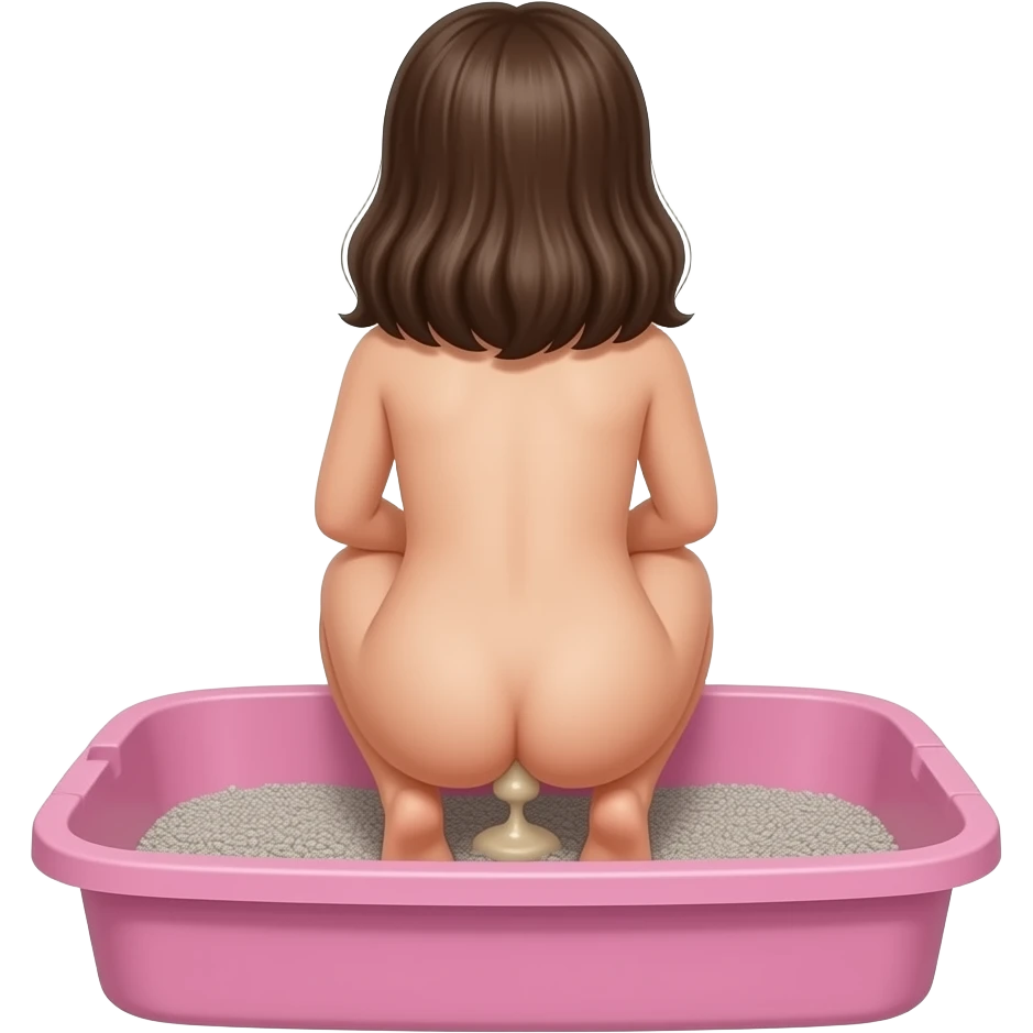 back view of a nude 10yo girl squatting and pooping inside a pink human sized litterbox filled with grey kitty litter emoji