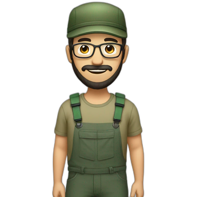 full body of an happy gardener face long dark beard and short dark hair with little transparent glasses and a army cap emoji