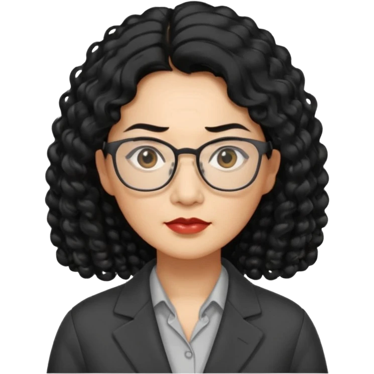 middle-aged Asian woman, long curly hair, small rectangular metal glasses, serious, manager style emoji