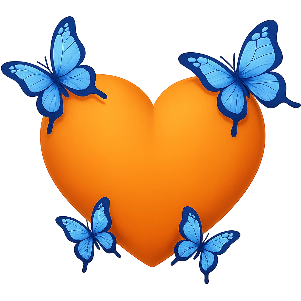 Transform the orange heart emoji with blue butterflies circling it into a classic emoji style, less realistic, with no background. Maintain the iconic emoji look and vibrant colors. emoji