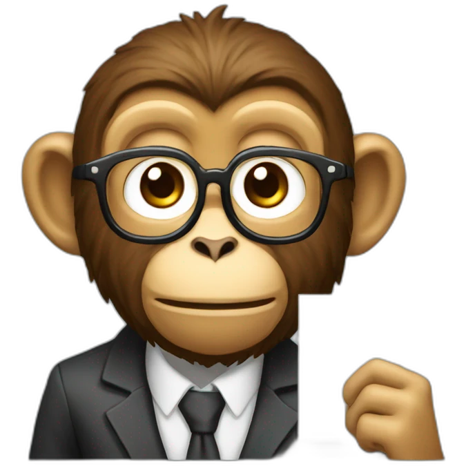 monkey professor with glasses and beard and mustache and suit holding a sign with like emoji