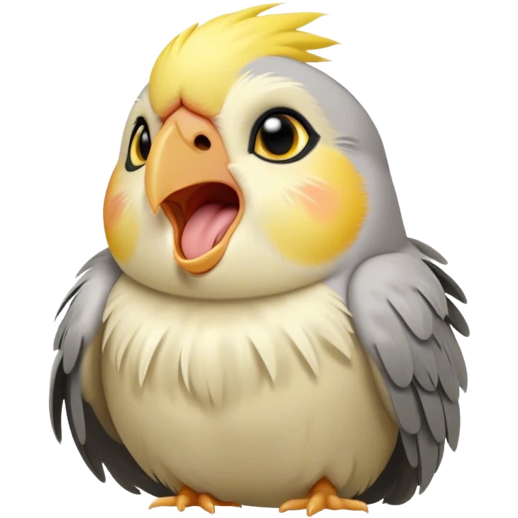 Cinematic Cute Yawning Cockatiel Portrait Emoji, Head tilted slightly with a dramatic, wide-open yawn, showcasing a soft grey fur with subtle yellow accents and gently drooping crest feathers, round dark eyes barely open in drowsy contentment, Simplified yet irresistibly adorable features, highly detailed, glowing with a soft, cozy glow, high shine, relaxed yet expressive, stylized with a touch of whimsy, bright and endearing, soft glowing outline, capturing the essence of a sleepy yet affectionate cockatiel, so drowsy it feels like it could stretch out of the screen and curl up for a nap! emoji