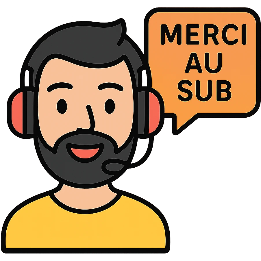 A person with black hair, brown eyes, and a black beard wearing a gaming headset saying "merci au SUB" emoji