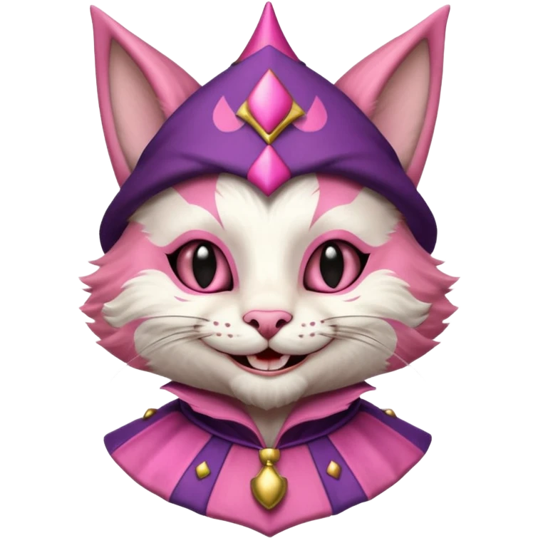 court jester cat medieval, single poker card joker clearly visible, pink, face only emoji