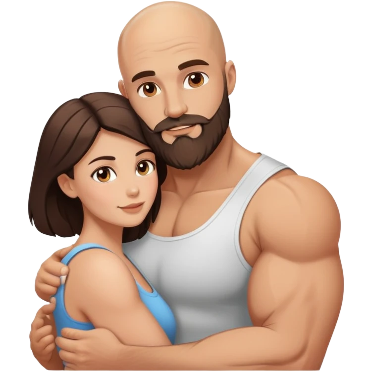 Muscular Bald man with a beard embracing his young beautiful brunette wife emoji