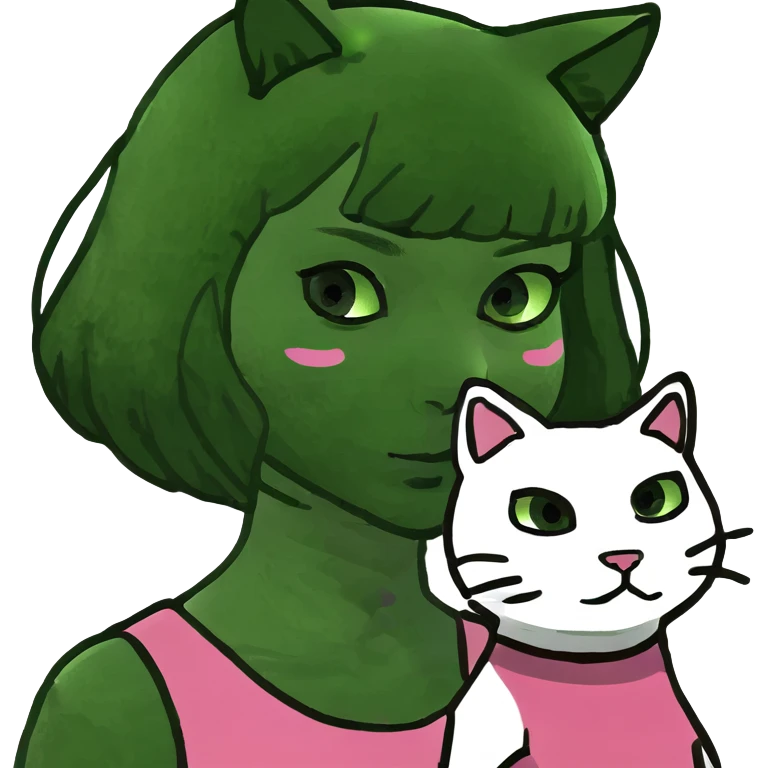 A girl with cat wearing pink emoji