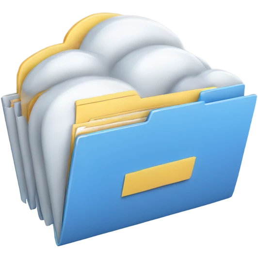 A cloud with folders and files flying in and out of it. emoji