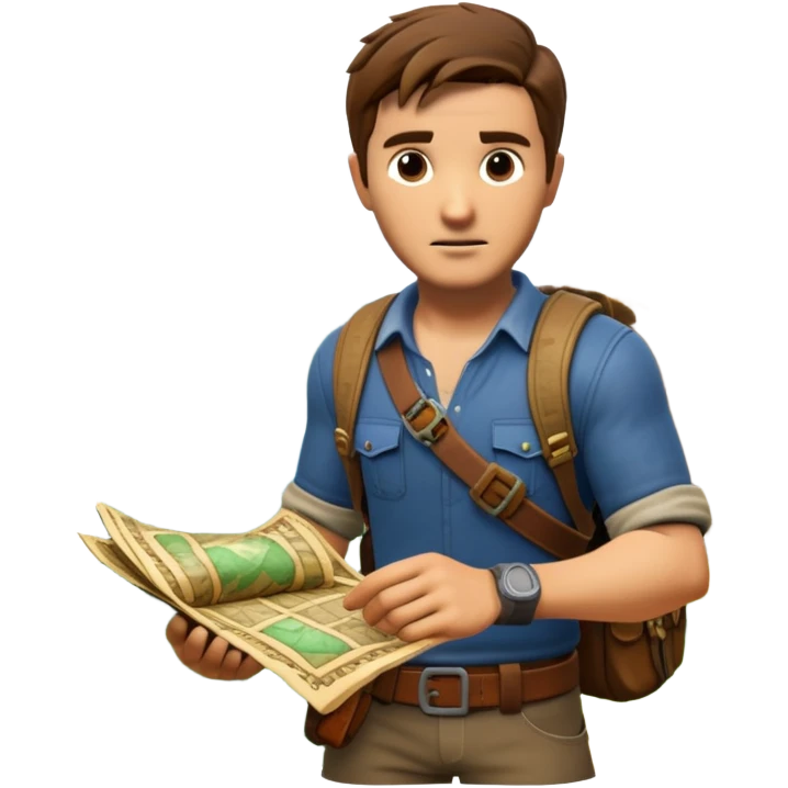 An icon representing an adventure game, inspired by titles like Uncharted 4. The design features a rugged explorer navigating through ancient ruins, with treasure maps and mysterious artifacts. A dynamic background of lush landscapes and perilous terrain highlights. Transparent background emoji