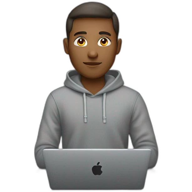 A white software developer in a gray hoodie in front of an apple laptop emoji