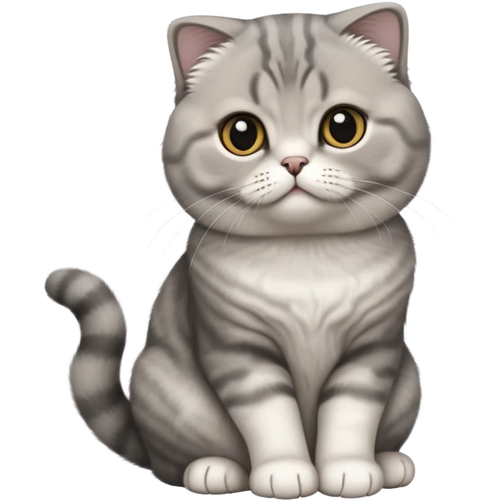 cinematic-[scottish fold cat]-realistic-full-body-sitting-emoji,-tail-curled-playfully-around-its-paws,-head-tilted-dramatically,-fluffy-[grey]-fur,-simplified-yet-realistic-focused-features,-highly-detailed,-glowing-with-an-almost-sarcastic-glow emoji