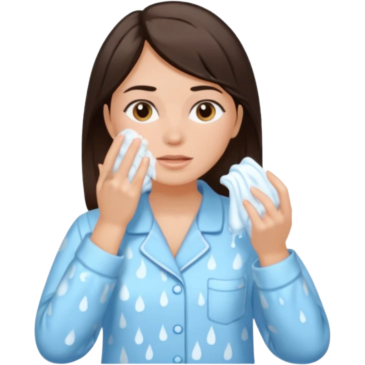 Mujer en pijama lavando su cara, tiene el pelo cafe oscuro y tez blanca emoji