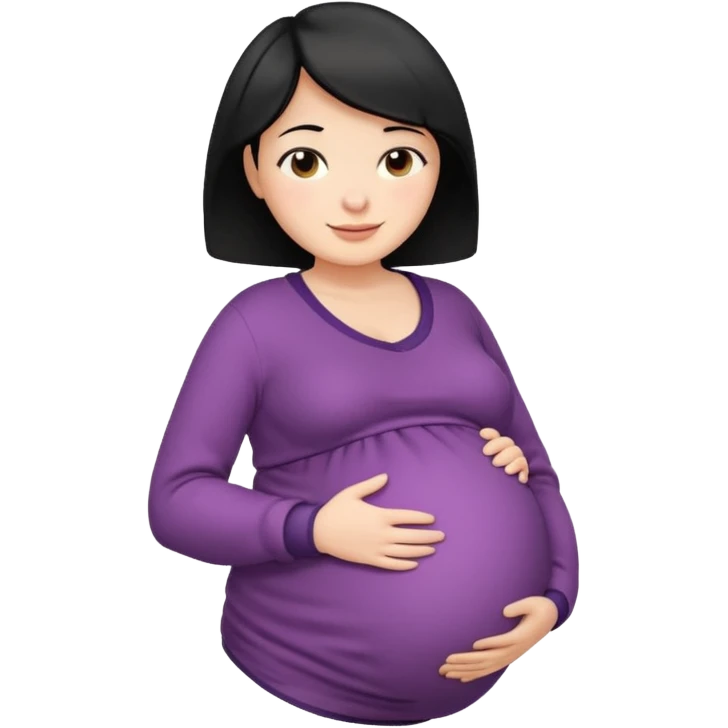 pregnant woman with short black hair happily touching her big belly while wearing warm clothes emoji