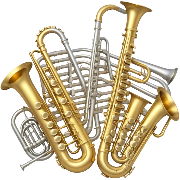 Create a professional, harmonious emoji collage symbolizing wind instruments.  The instruments should be in metallic gold, silver, and brass tones, with subtle reflections to convey a professional and polished appearance. Add soft musical notes or soundwaves to surround the instruments, creating a sense of movement and sound. The background should be transparent, ensuring all instruments are the focus and the composition remains harmonious and balanced. emoji