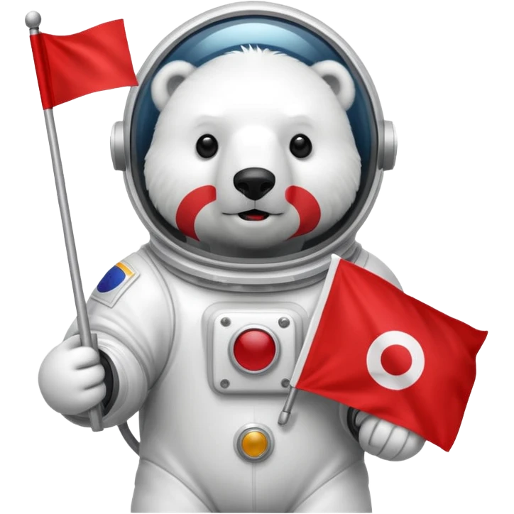Polar bear in space suit, holding red rectangle flag emoji