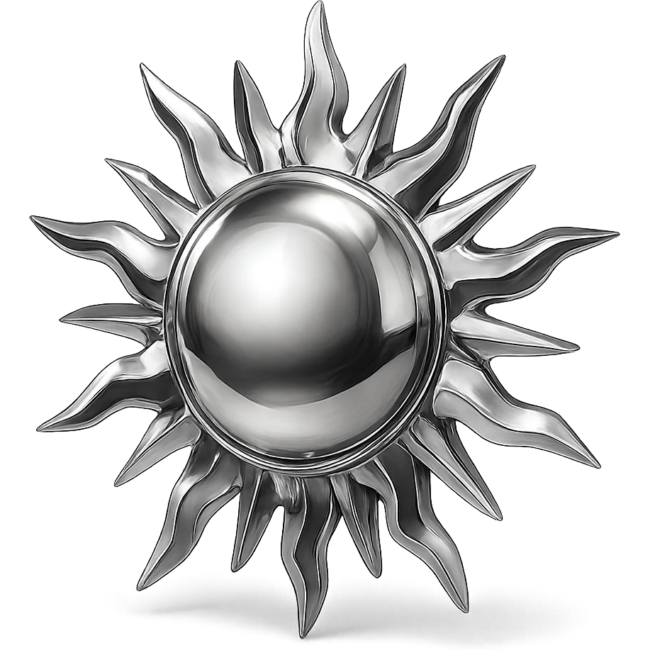 reflective chrome sun with intricate rays and a luminous core emoji