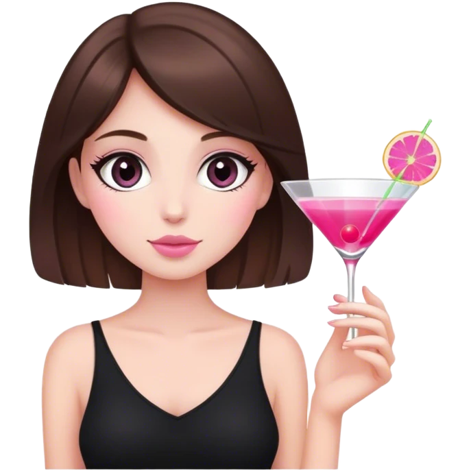 brunette hair down girl black top holding a pink cosmo emoji