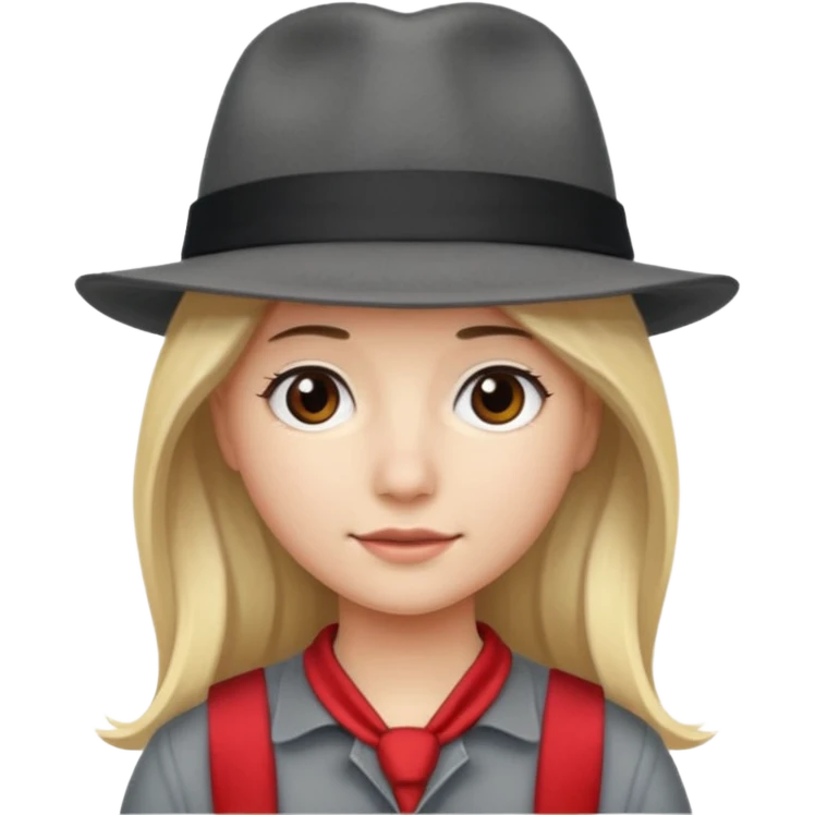 A person with long blond hair, wearing a gray fedora with a black band and a red headband underneath. emoji