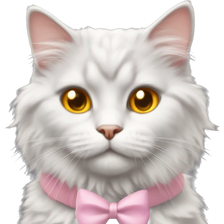 gray and white fluffy cat yellow and orange eyes with pink bow collar emoji