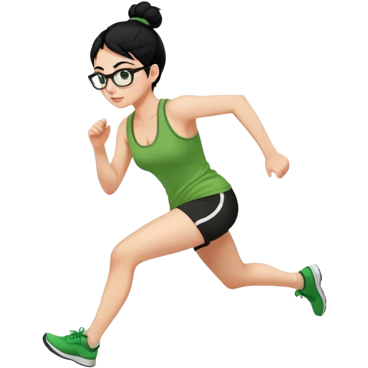 pretty girl white glasses side view black hair in a bun green tank top running emoji