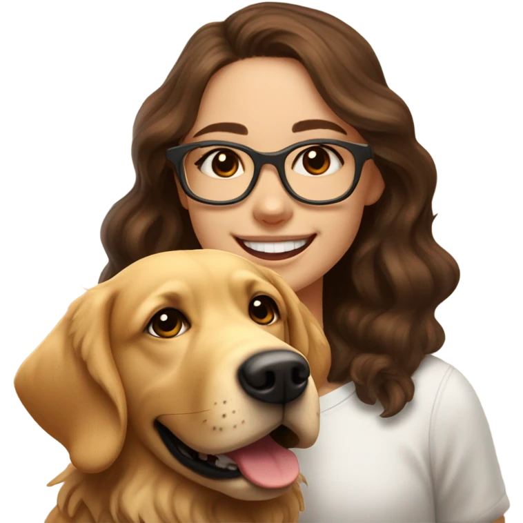 Smiling girl with long dark wavy brown hair and red glasses next to a small shaggy golden Labrador dog with brown eyes emoji