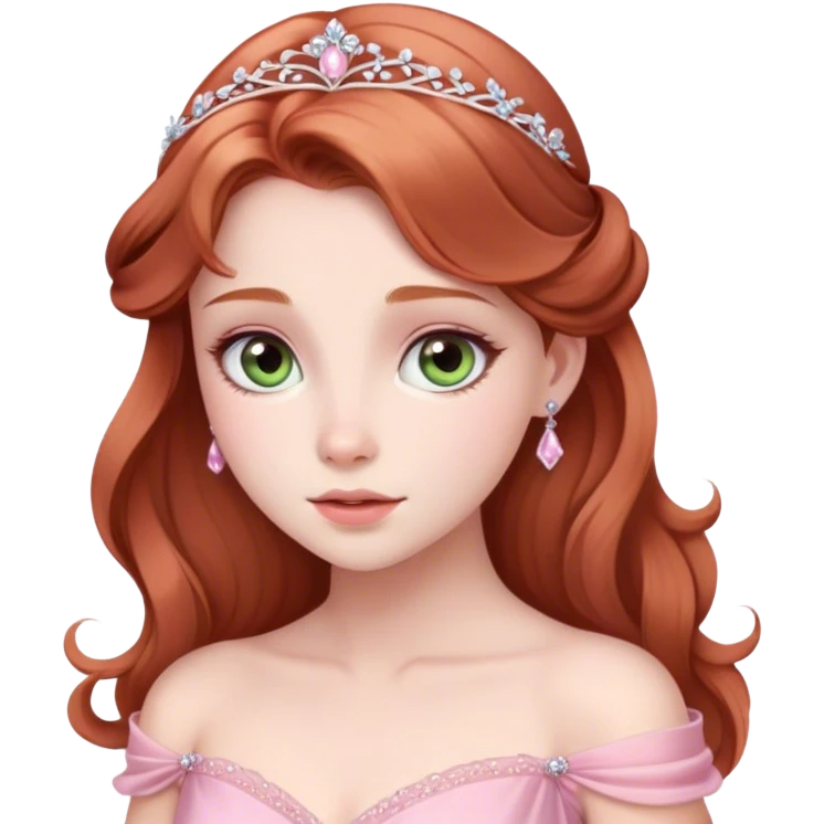 Cinematic Elegant Sleeping Beauty Portrait Emoji, rendered in a realistic, vector-style with minimal shading and bold, simplified shapes. Depict Aurora (Sleeping Beauty) (chest and above) with delicate porcelain skin, soft auburn hair styled gracefully, and gentle, dreamy eyes, dressed in her classic pink gown. The image glows with a soft, enchanting radiance and high shine, capturing timeless regal beauty. emoji