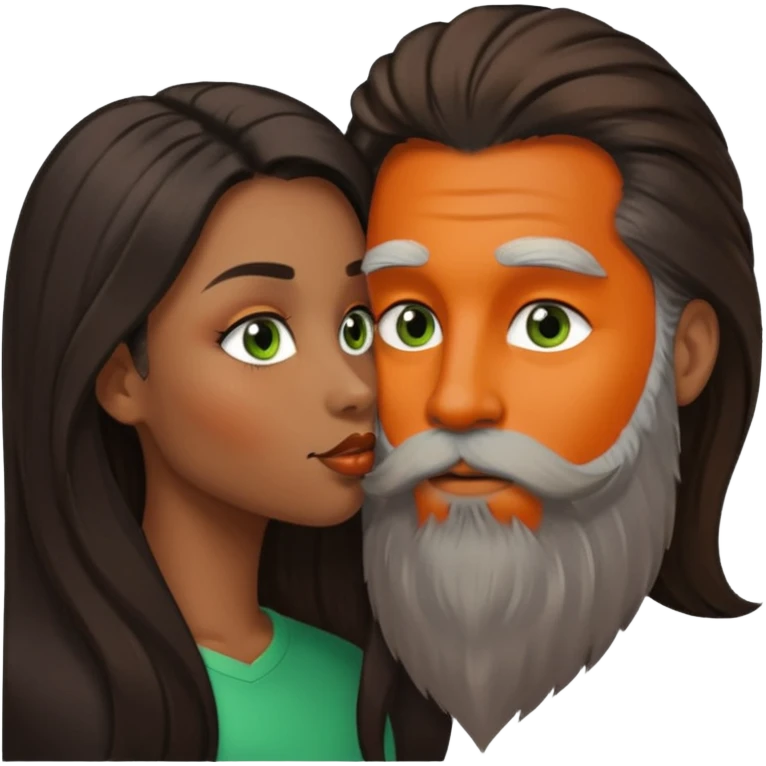 Brown eyed black women with and long balayage brown/black hair.  She is kissing bald white man. The White man is pale, green eyes has orange facial hair and long beard  emoji