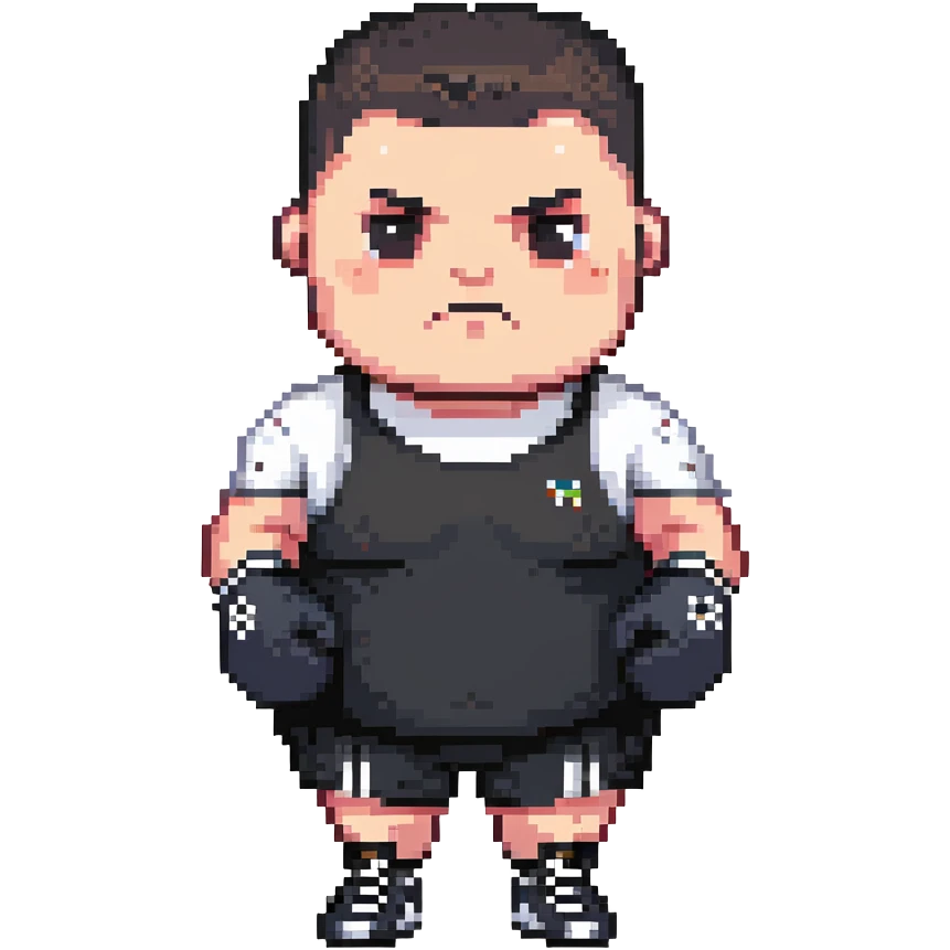 white man with dark hair, dark eyes, buzzcut faded haircut, overweight 100kg boxer, chubby face, stocky build, wearing full black clothes, black adidas boxing gloves, highly pixelated, chunky pixel style, low resolution emoji