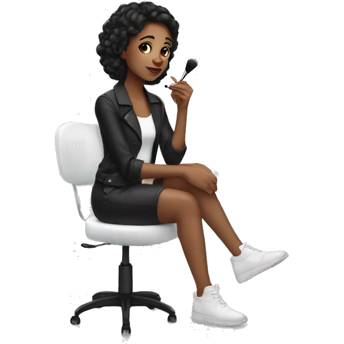White black haired girl sitting at a white vanity getting ready using her makeup  emoji