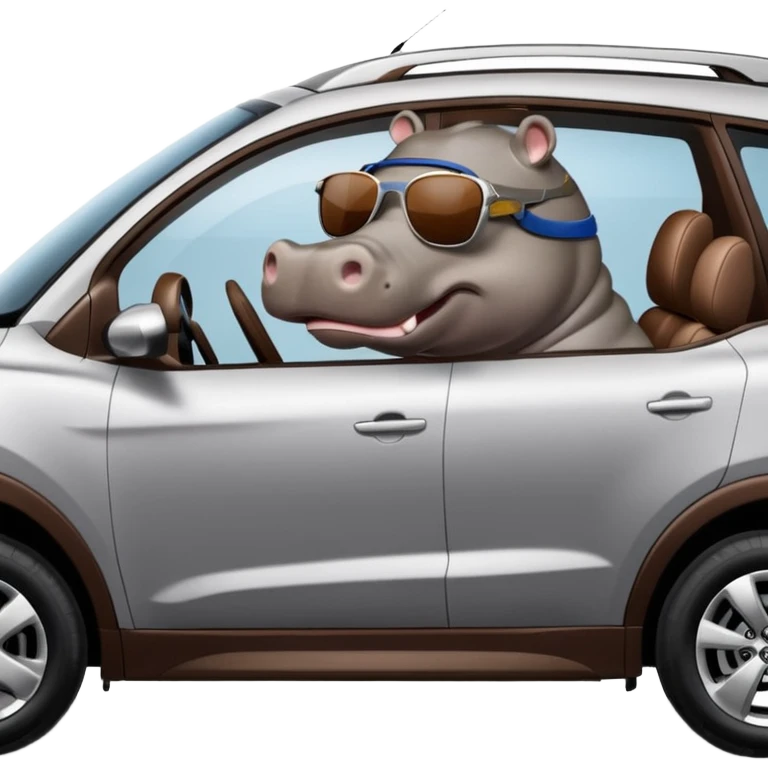 Side view of a Hippo driving a silver HYUNDAI TUCSON SUV emoji