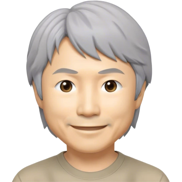 ​Cinematic Realistic Portrait of a Smiling Shigeru Miyamoto, depicted with warm, approachable features, gentle grey-tinted hair, and kind, expressive eyes, set against a subtle backdrop hinting at iconic video game imagery, rendered with lifelike textures and soft, inviting lighting that captures his innovative spirit, emoji