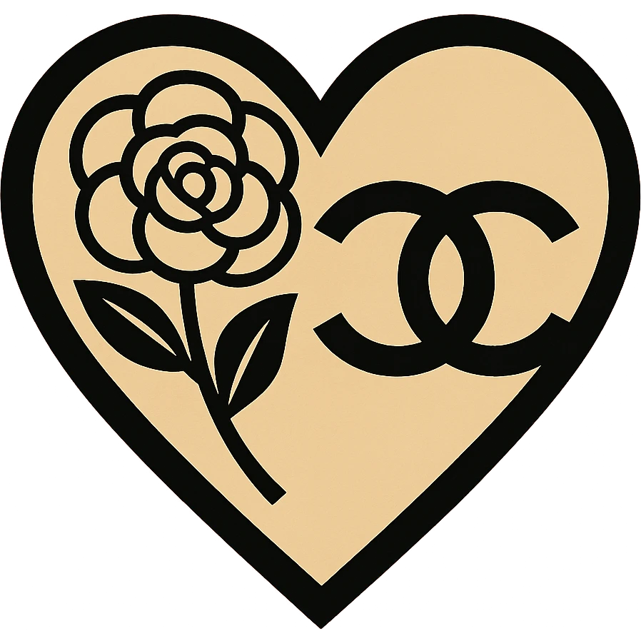 heart with a camellia flower and interlocking C's, Chanel-inspired, black and white, sophisticated emoji