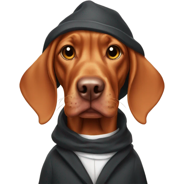 Vizsla wearing a penguin suit emoji