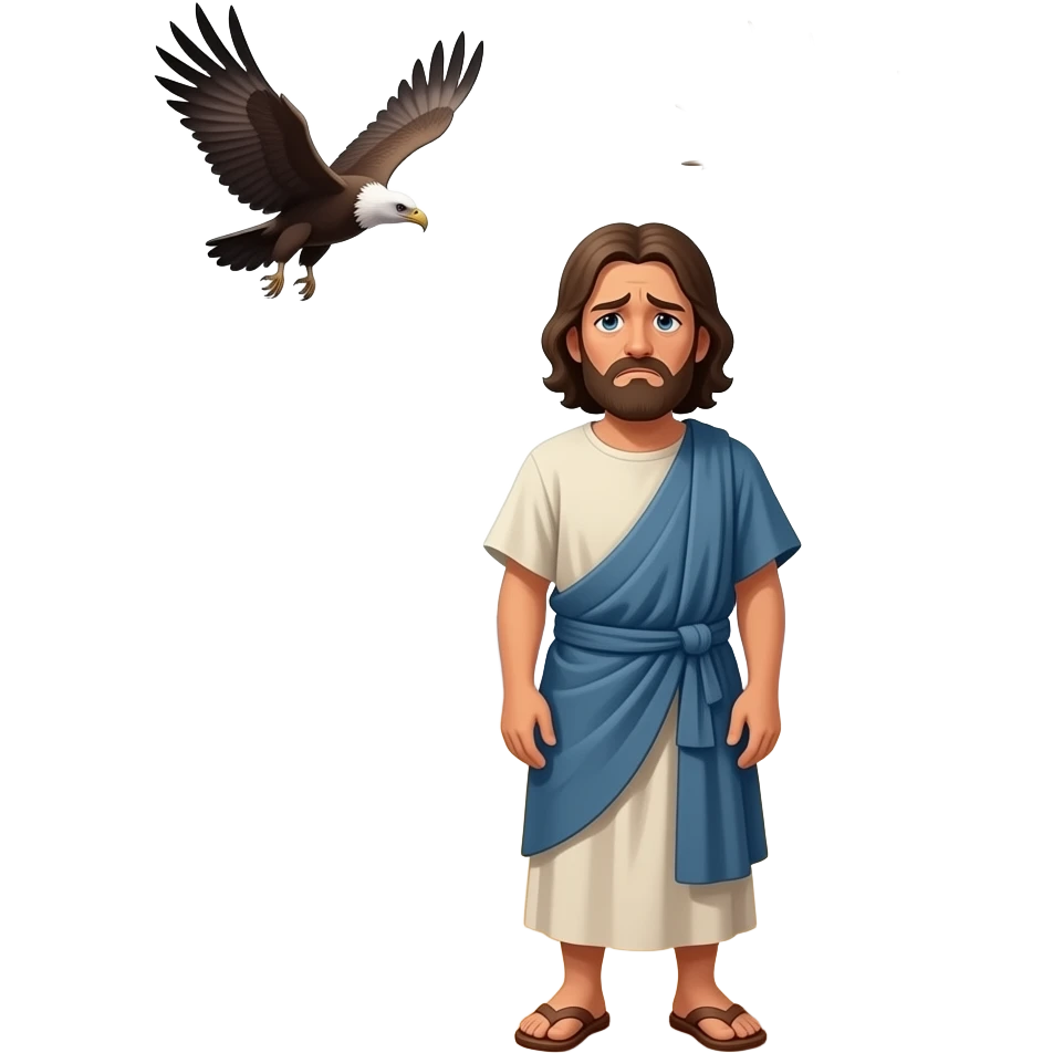 A full bodied dirty and tired man with a sad look on his face , wearing old clothing from biblical times , in a desolate barren land with desert mountains in the background,  vultures, crows flying and skull on the ground, standing in front of a dead tree, with a rope noose hanging from a tree limb emoji