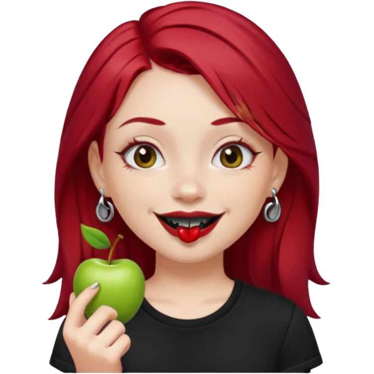 apple style emoji of a fair-skinned girl with cherry red hair, black t-shirt, black lipstick, septum and ear piercings emoji