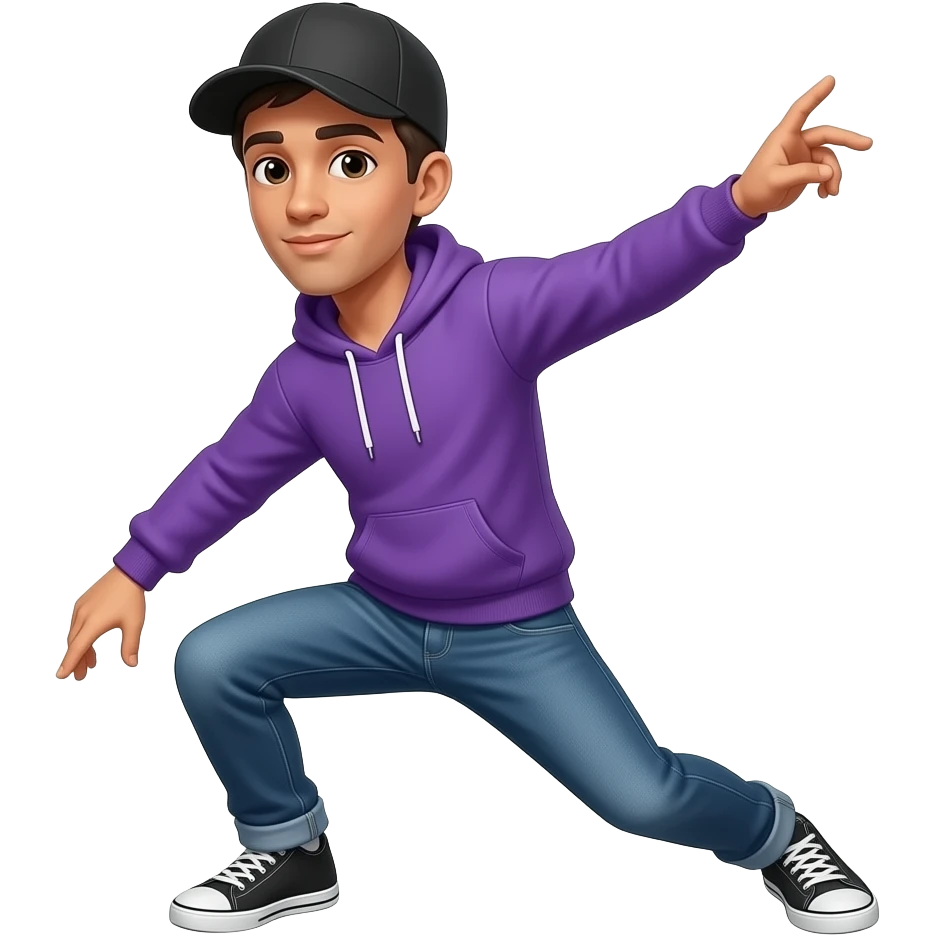 tall skinny guy with black basecap, purple hoodie, is breakdancing emoji